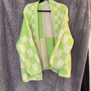 Green and White Checkered Women's Cardigan